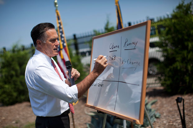 Gov. Romney writing on a whiteboard at a news conference