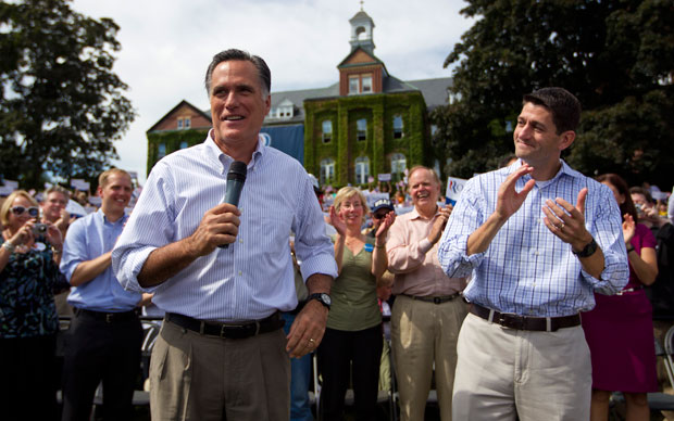 Gov. Romney and Rep. Ryan speak at a campaign event in New Hampshire