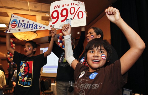 Arizona Democrats of all ages celebrate as President Barack Obama is declared the winner of the presidential race at a Democratic Party gathering