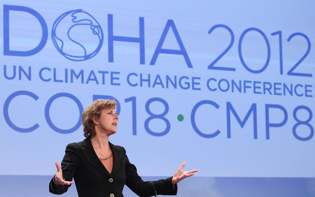 EU Commissioner for Climate Action addresses the media about Doha conference