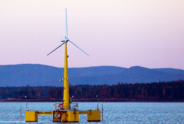 A floating wind turbine is seen off the coast of Castine, Maine.