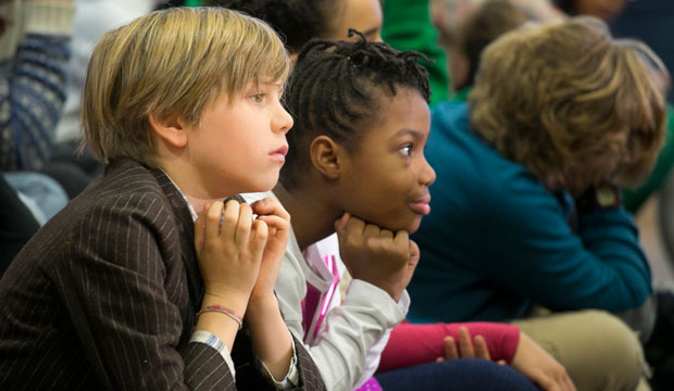 New York City schoolchildren listen as Mayor Bill de Blasio speaks