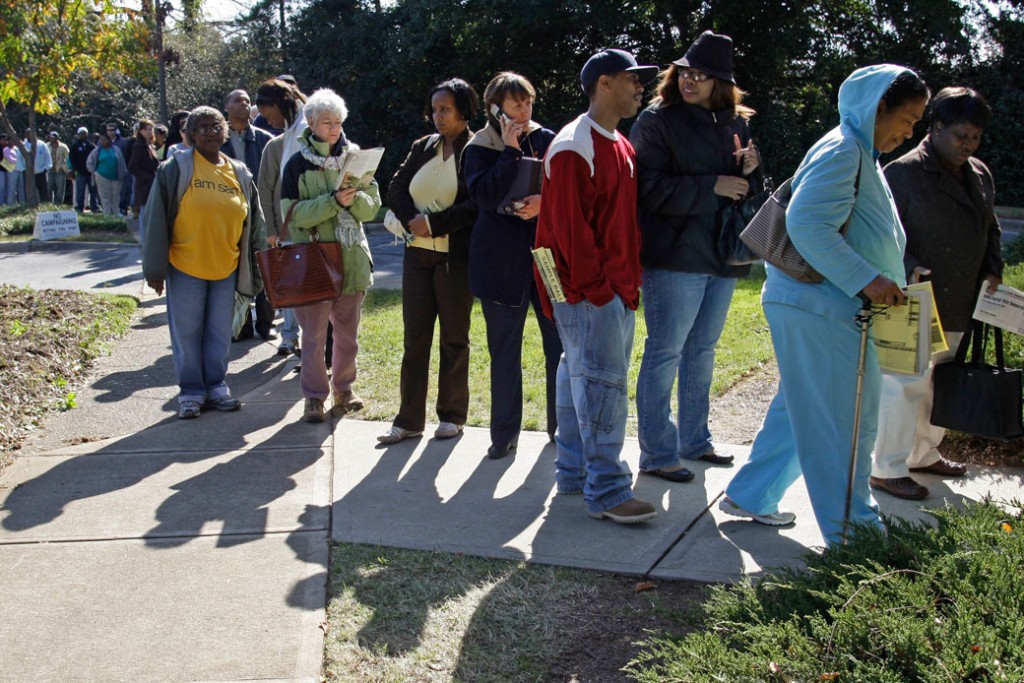 Voters stand in line at a voting site in Charlotte, North Carolina, on October 23, 2008.