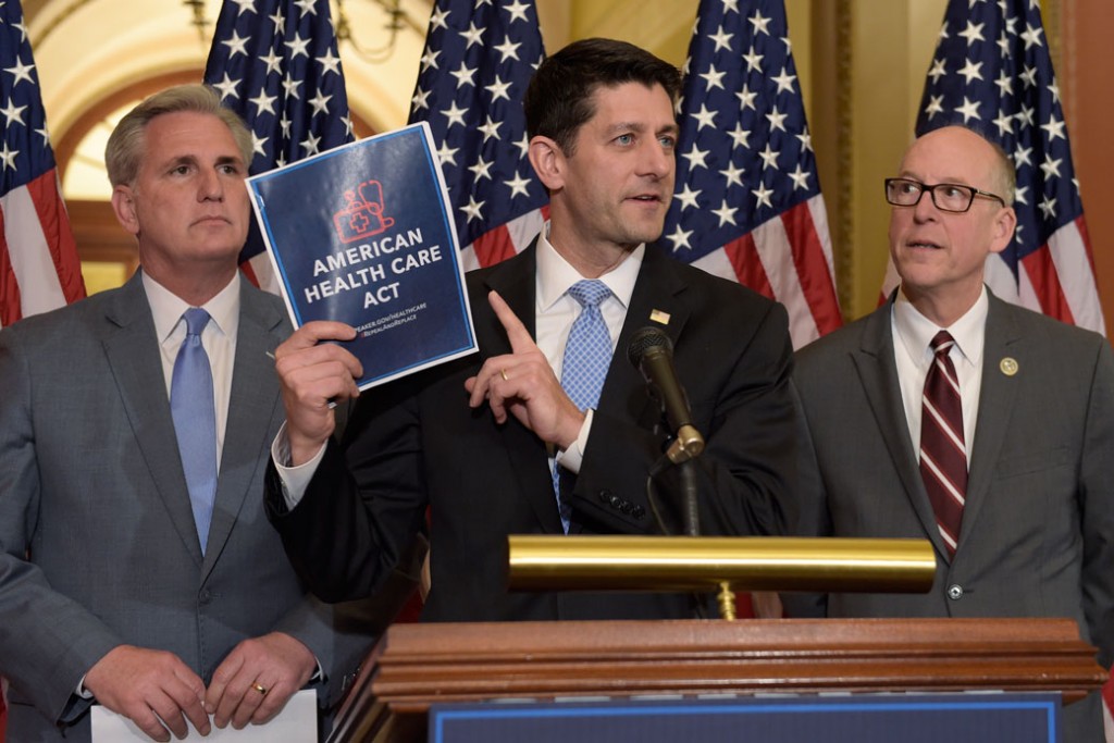 House Speaker Paul Ryan (R-WI), center, speaks during a news conference on the American Health Care Act on March 7, 2017. 