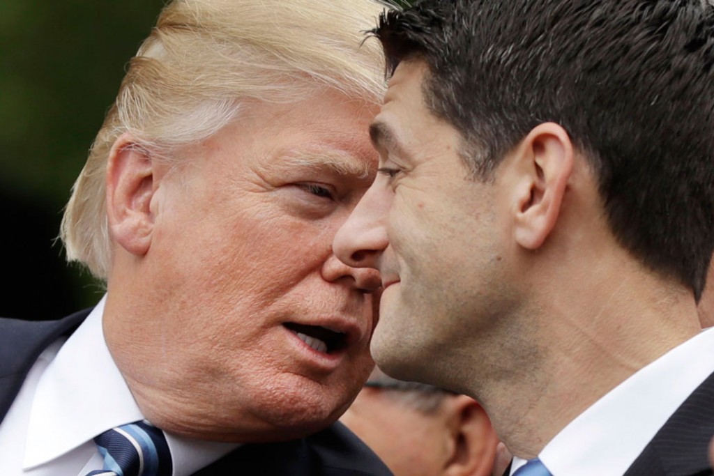 President Donald Trump talks with House Speaker Paul Ryan (R-WI) in the Rose Garden of the White House, May 4, 2017.