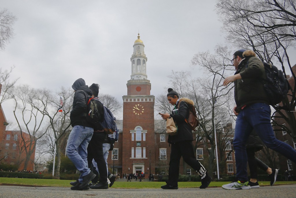 College students walk between classes on their campus in New York, February 2017.