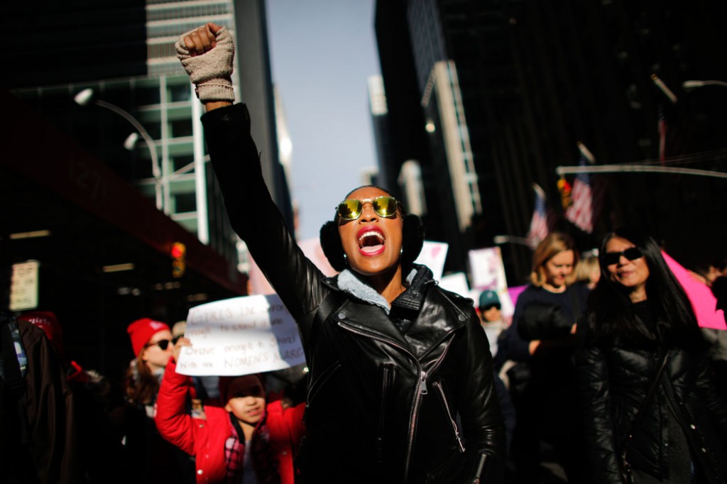 A woman shouts as she attends the Women's March in New York City, on January 20, 2018.
