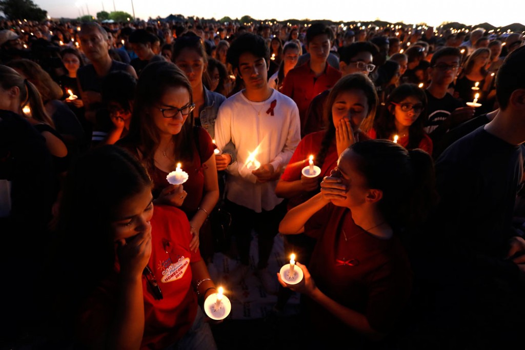 Thousands gathered for an evening vigil at Pine Trails Park in Parkland, Florida, to remember those where were killed and injured in the shooting, on February 15, 2018, in Parkland, Florida.