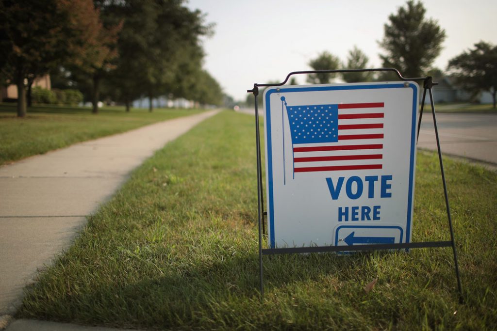 A sign marks the location of a polling place in Janesville, Wisconsin.