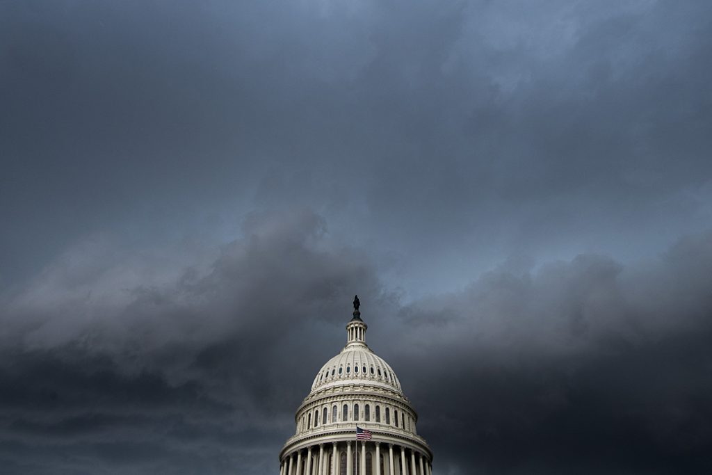 A thunderstorm passes over the U.S. Capitol building on July 11, 2019, in Washington, D.C.