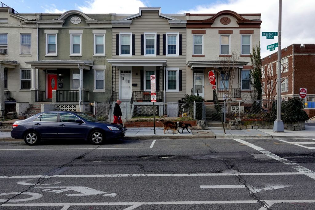 A man walks his dogs through the Park View neighborhood in Washington, D.C., February 2019.