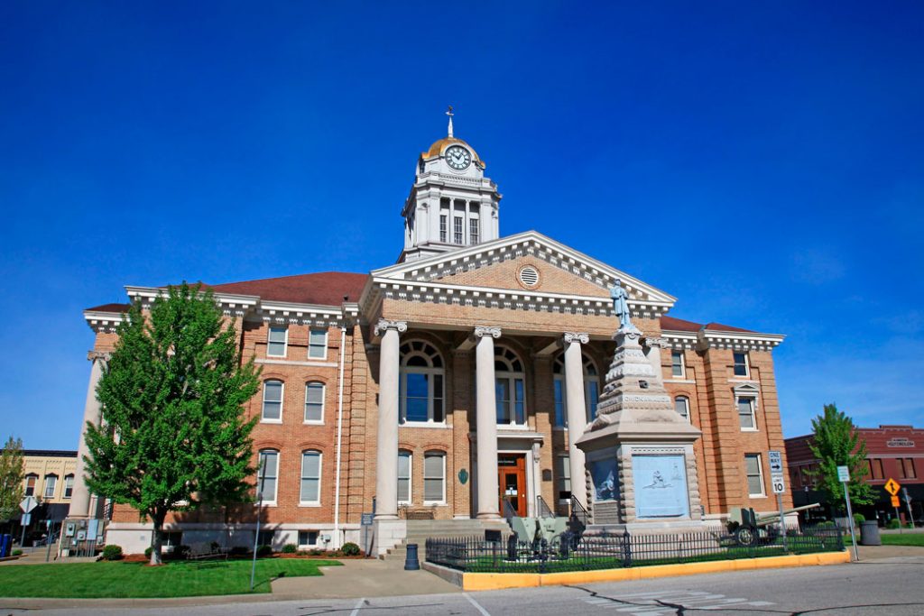 A courthouse stands on the downtown square of Jasper, Indiana, April 2015.