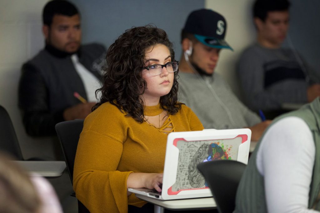 A DACA recipient and student attends criminology class in October 2017, in Willimantic, Connecticut.