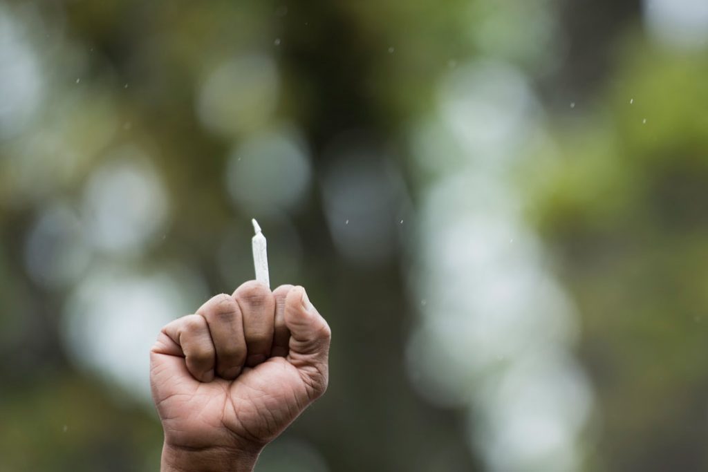 A man holds a marijuana joint during a protest in front of the U.S. Capitol in April 2017, Washington, D.C.