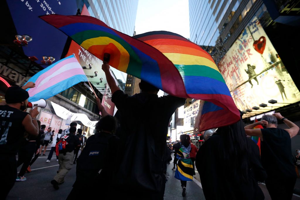 Protestors march in support of transgender lives during a demonstration in New York City, October 2020.