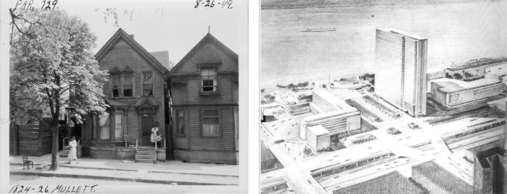 <strong>Left:</strong> Photo showing a home on Mullett Street in the Black Bottom neighborhood prior to construction of I-375/I-75. Photo courtesy of the Burton Historical Collection of the Detroit Public Library. <strong>Right:</strong> Rendering of Detroit as envisioned by the city of Detroit for postwar redevelopment. Rendering is courtesy of the University of Michigan via the HathiTrust Digital Library.