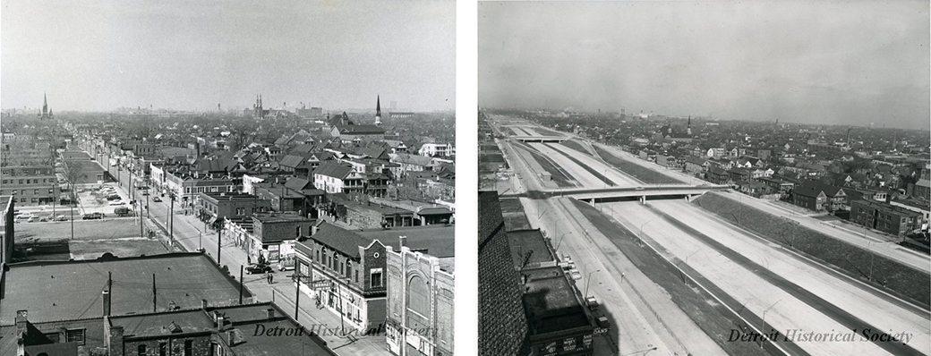 <strong>Left:</strong> Black Bottom neighborhood in Detroit in 1959 prior to construction of I-375/I-75 <strong>Right:</strong> Photo of the newly completed I-75. These photos are courtesy of the Detroit Historical Society.