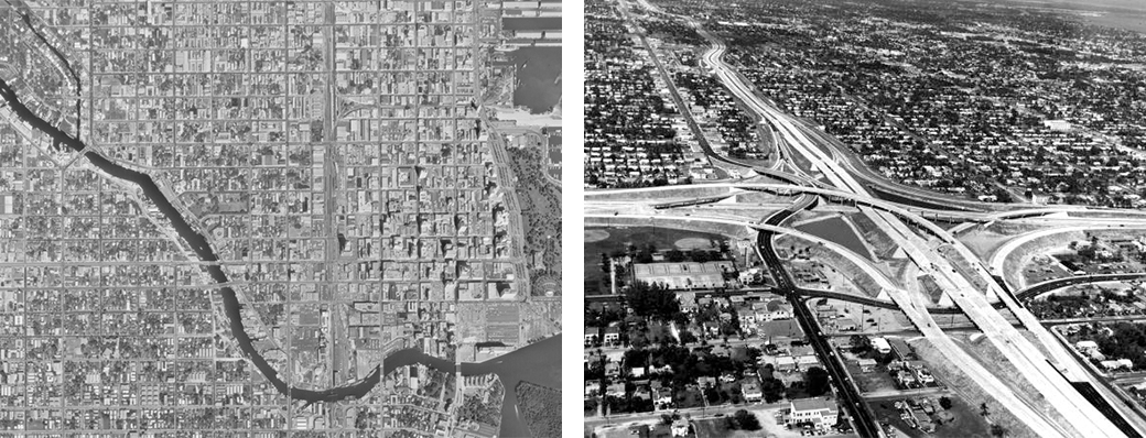 <strong>Left:</strong> City of Miami prior to I-95 construction. Photo courtesy of the U.S. Geological Survey and the University of Oklahoma Institute for Quality Communities <strong>Right:</strong> I-95 construction in Overtown, Miami. Photo courtesy of the Florida Department of State, Division of Library and Information Sciences.