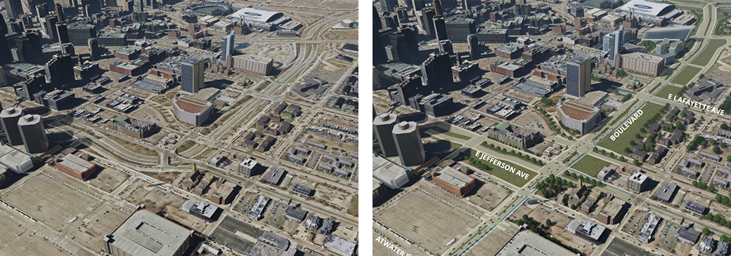 <strong>Left:</strong> The existing I-375 corridor. Photo courtesy of the Michigan Department of Transportation.<strong> Right:</strong> Rendering of proposed boulevard conversion project. Rendering courtesy of the Michigan Department of Transportation.