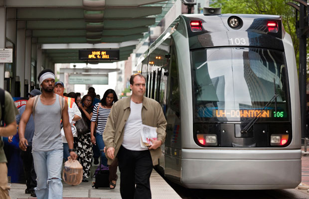 People commute using public transportation in Houston, Texas.