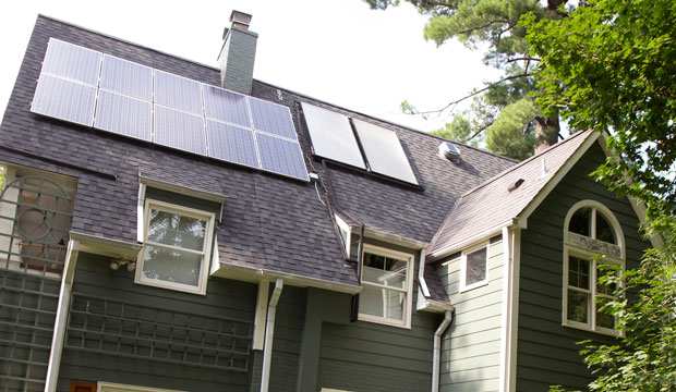 This house owned by Ketch Ryan of Chevy Chase, Maryland, has solar panels installed on the roof.