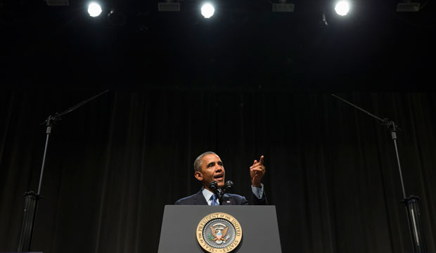 President Barack Obama speaks at Northwestern University, October 2014.