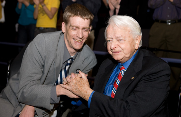 Tomas Young and the late Sen. Robert Byrd (D-WV) attend the the Reel Progress screening of "Body of War," April 2008.