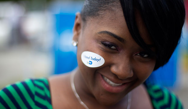 A young voter wears her "I voted today" sticker on October 28, 2012, in Miami.