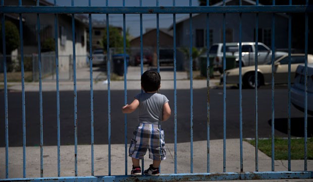 child looks through fence